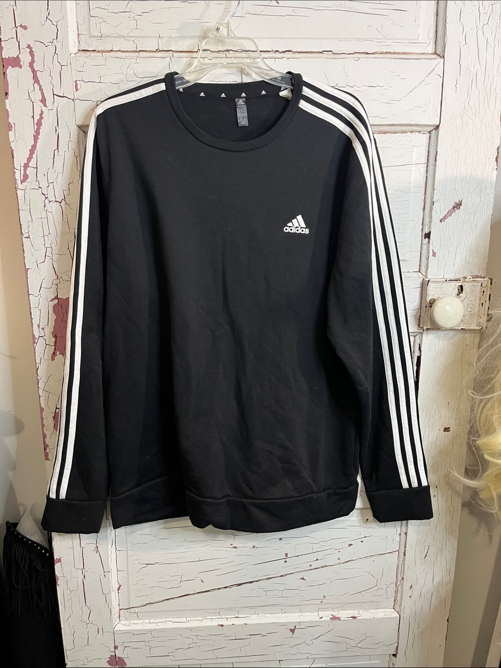 adidas Black Sweatshirt with White Sleeve Stripes 100% Polyester XL